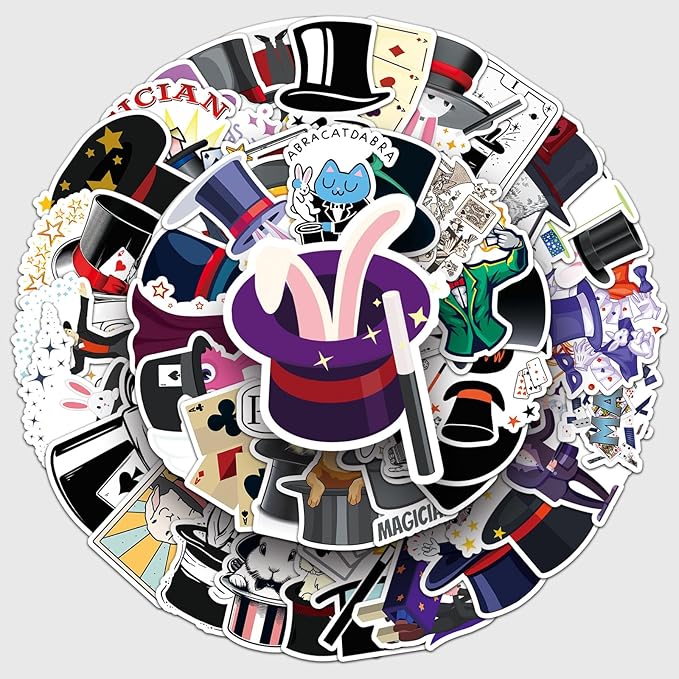 53pcs Magician Stickers, Waterproof Vinyl Stickers with Rabbit, Poker, Hat & Magic Wand Patterns, Suitable for Kids & Adults, Decor for Laptop, Phone