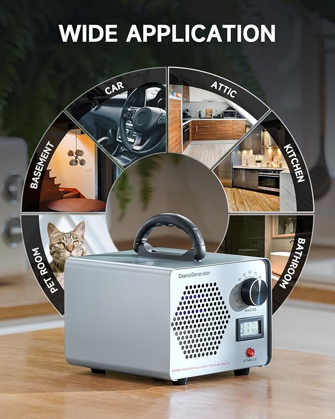 CREWORKS Ozone Odor Machine, Commercial Ozone Generator Air Purifier with Timer Display, 30000 mg/h Ozone Machine for Car Home Smoke Pet Odor Removal, High Capacity for 3200 sq ft Room, Silver