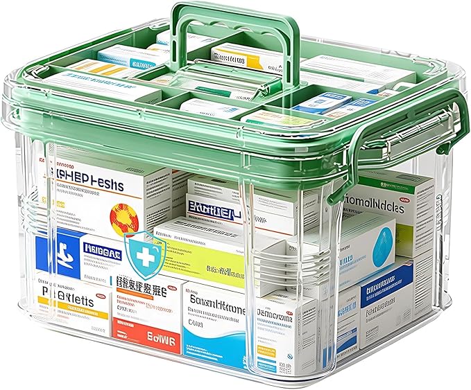 Varku Clear Medicine Storage Box, Large 13.3 x 9.4 x 7.5 in First Aid Organizer Box with Buckle, Handle and 2-Layer Design, Portable Medical Storage for Family Use