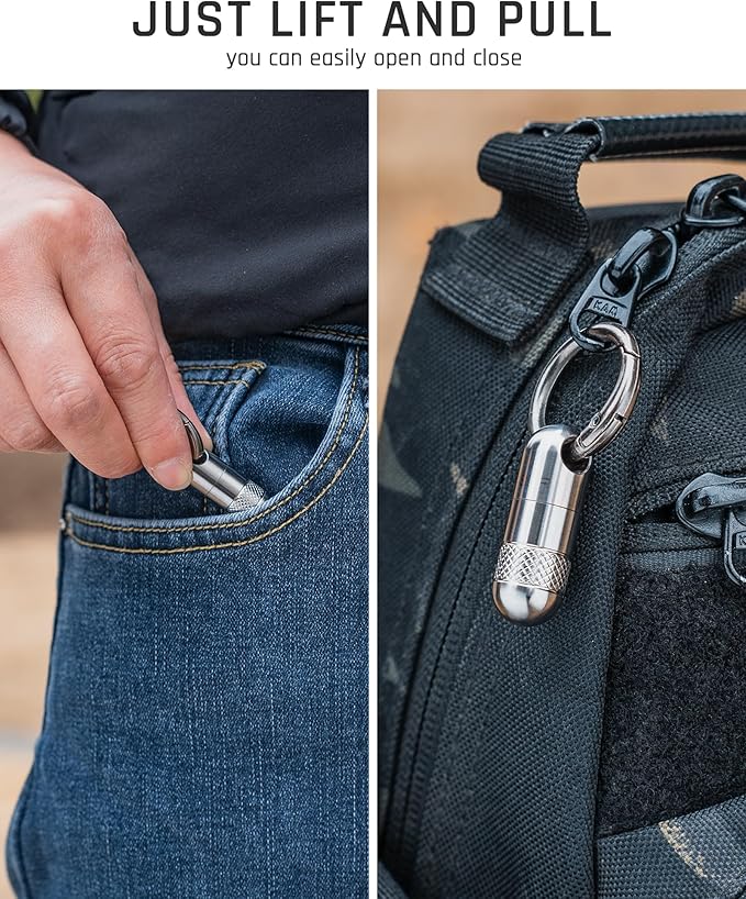TISUR Small Keychain Pill Holder, Titanium Pill Case Waterproof Pill Fob for Travel Purse Pocket, Portable Pill Container Box Pill Organizer Tube (Upgrade Tiny)