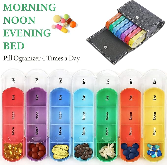 Pill Organizer,Haecsfl Weekly Travel Pill Case Box Medication Reminder Daily AM PM, Day Night 7 Compartments,for 4 Times A Day, 7 Days a Week-Includes Leather PU Carrying Case(1-Carved Black)