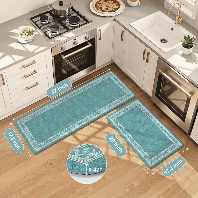 KIMODE Anti Fatigue Kitchen Mats 17"x47"+17"x29", Farmhouse Memory Foam Kitchen Floor Mats Non Slip, Turquoise Kitchen Mats for Floor, Waterproof Standing Mats for Laundry Office Sink Desk