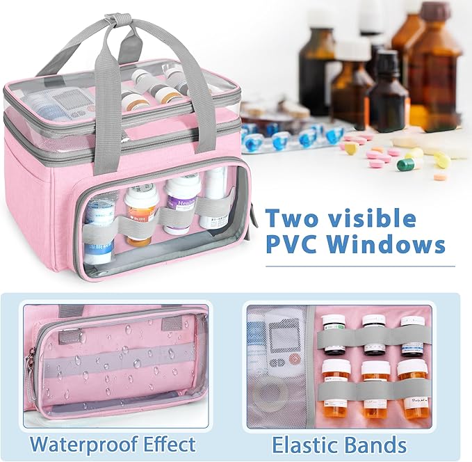 LUXJA Double-Layer Medicine Bag with Transparent Compartment, Pill Bottle Organizer with Detachable Divider (Suitable as a Home or Travel Medicine Bag), Pink
