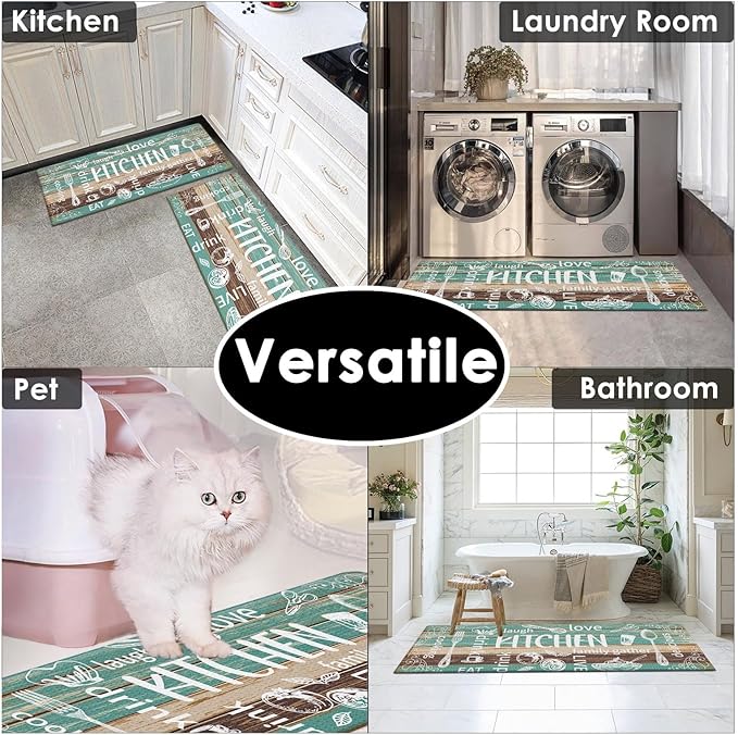 Arttown Farmhouse Teal Anti-Fatigue Kitchen Rug Set of 2 Wood Brown Black Vintage Cushioned Floor Standing Mat Waterproof Non-Slip Kitchen Mat and PVC Ergonomic Comfort Foam Rug