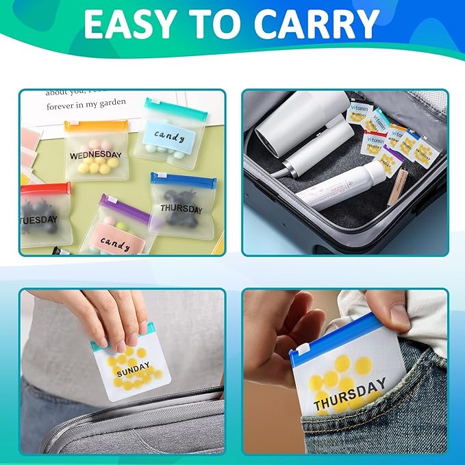 MARFOREVER 25 Pcs Pill Pouch Weekly Reusable Translucent Pill Bags Travel Medicine Organizer Small Pill Container Storage with Slide Lock 14 Pcs Plastic Medicine Bags 10 Sheets Labels and A Marker