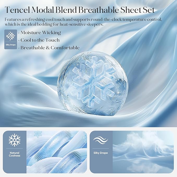 Silver Infused Bed Sheets Set, Cooling Tencel Sheet with Self-Cleaning Technology for 3X Freshness Sleep, Hypoallergenic & Breathable sheet Perfect for Hot Sleepers & Sensitive Skin (Blue, CAKing )