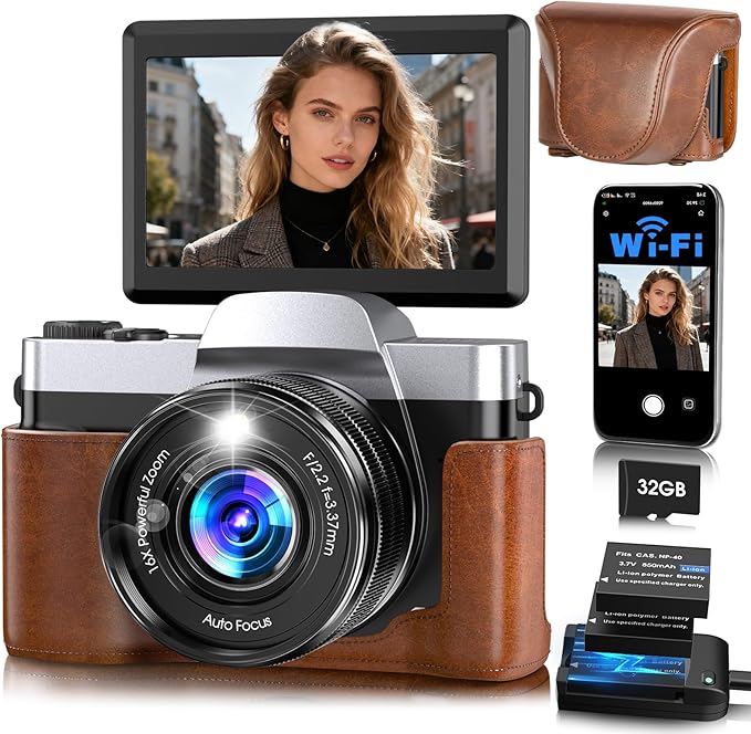 4K Digital Camera for Photography Autofocus, 64MP WiFi Vlogging Camera for YouTube with 3'' 180° Flip Screen,16X Zoom Anti-Shake, 32GB Card, Compact Travel Point and Shoot Digital Cameras (Brown)