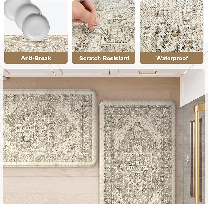 KIMODE Anti Fatigue Kitchen Mats 20"x71"+20"x32", Boho Distressed Kitchen Rugs Sets of 2, Non Slip Waterproof Kitchen Floor Mats, Memory Foam Kitchen Mat for Sink Laundry Desk Bedroom Khaki