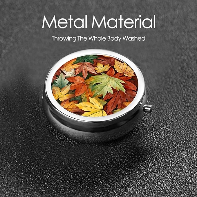 Colorful Fall Maple Leaves Pill Box 3 Compartment Pill Case, Portable Medicine Pill Organizer for Pocket Purse Pill Box Decorative Metal Medicine Vitamin Organizer