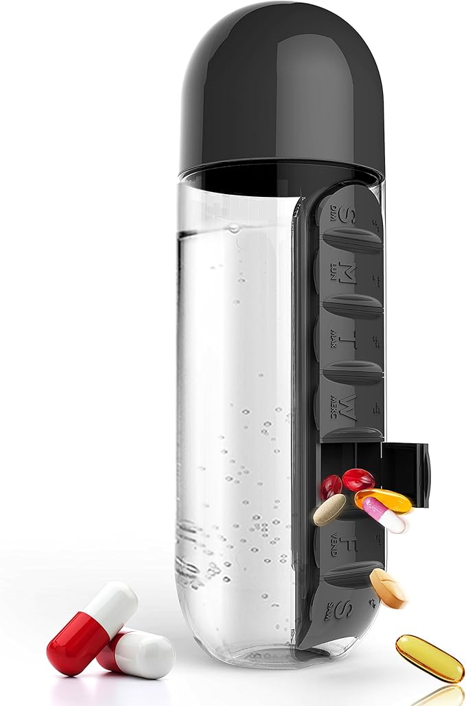 Asobu Combine Daily Pill Box Organizer with Water Bottle, 20 oz, Black (Black)