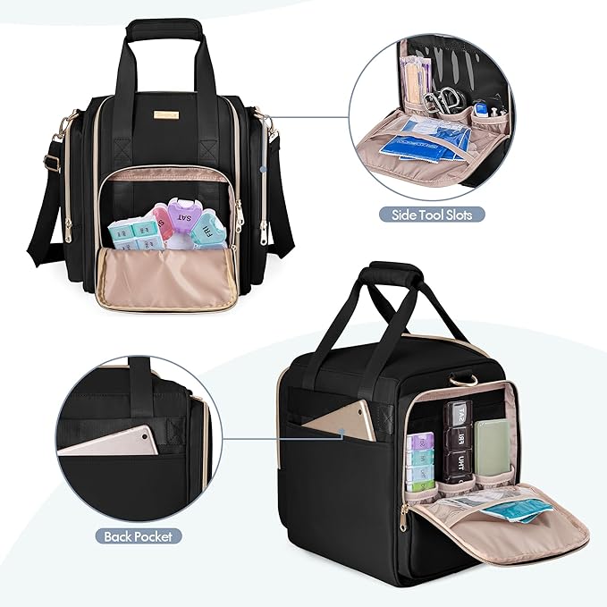 Medicine Storage Bag with 5 Removable Pouches, Pill Bottle Organizer Bag with Shoulder Strap, Large Medication Travel Bag for Medical Supplies, Black(Only Empty Bag)