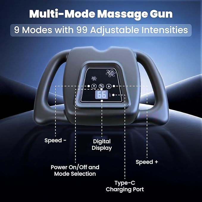 24-Head Massage Gun Deep Tissue, with 9 Modes & 99 Intensities, Quiet Rechargeable Handheld Back Massager for Pain Relief, Full Body Percussion Massager for Neck, Legs, Waist & Back (Gray)