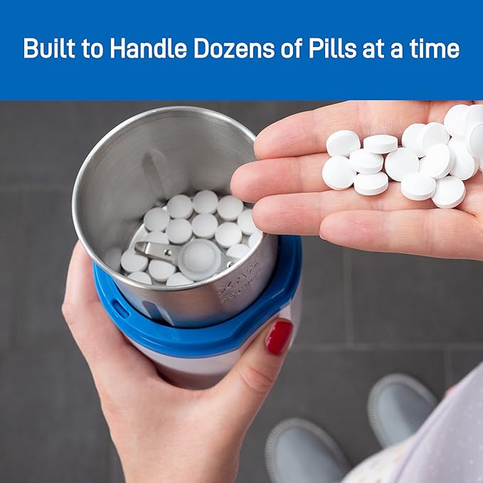 Electric Pill Crusher Grinder - Fine Powder Electronic Pulverizer for Small & Large Medication & Vitamin Tablets - Comes with Pill Organizer, Brush, Spoon, Cloth & Stainless Steel Blades by Pill Mill