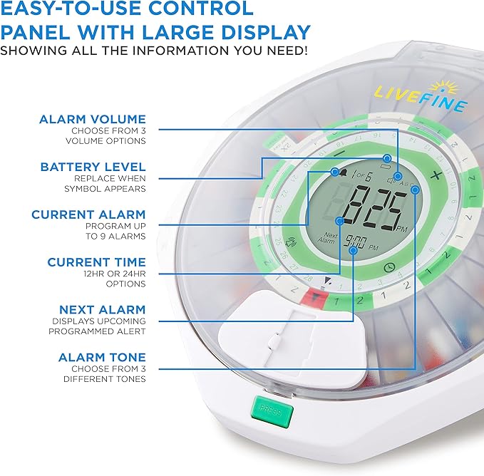 Live Fine 28-Day Automatic Pill Dispenser Frosted Lid with Upgraded LCD Display and Key Lock, Sound & Light for Prescriptions, Medication, Vitamins, Supplements & More