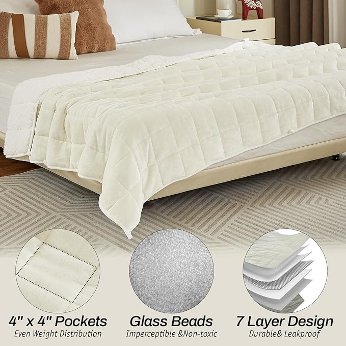 Sherpa Fleece Adult Weighted Blanket, 15 Pounds Dual Sided Soft Plush Blanket for Couch Bed Sofa, Heavy Thick Blankets with Glass Beads Great for Sleep, 48 x 72 inches, Cream White on Both Sides
