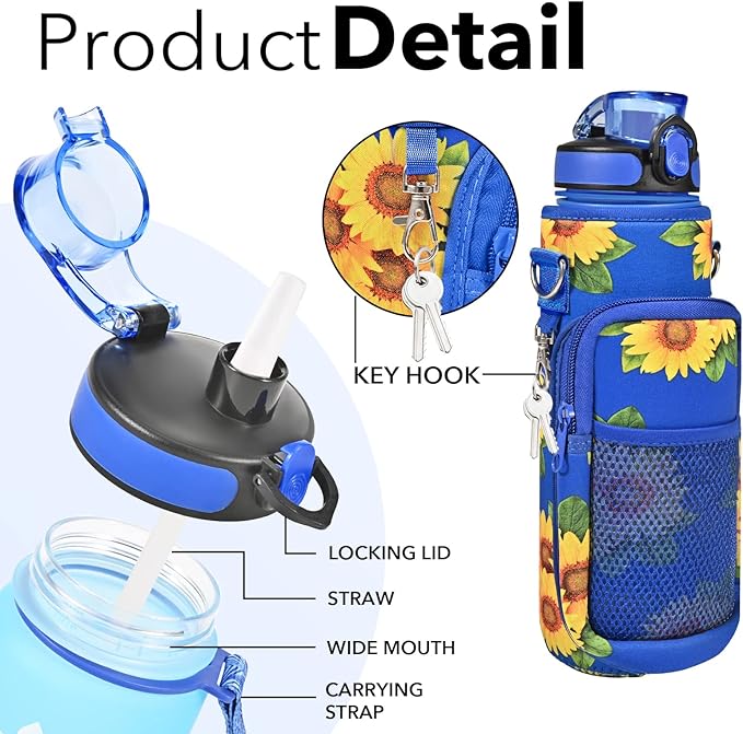 32 oz Water Bottles with Straw & Strap, Motivational Water Bottles with Times to Drink, BPA Free Reusable Sports Water Bottle with Sleeve Carrier for Hiking, Travel, Running or Fitness