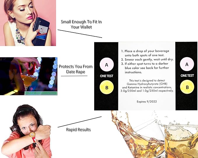 10 Strips - 20 Tests. Test Your Drink or Beverage. Escape Drink Spiking. Detect GHB or KETA Using The Personal Test Strips.