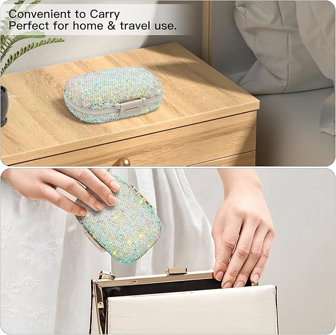 Soleebee Portable 8 Compartments Daily Pill Organizer, Bling Crystal Diamond Pill Box, Small Travel Pill Case, Pill Dispenser, Medicine Container Organizer to Hold Vitamin, Fish Oil (AB)