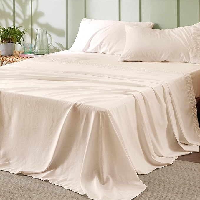 Bedsure Queen Sheet Set - 4 Pieces Soft Queen Size Sheets - Breathable & Cooling - Hotel Luxury - Easy Care Polyester Microfiber Bedding for Women, Men, Light Beige