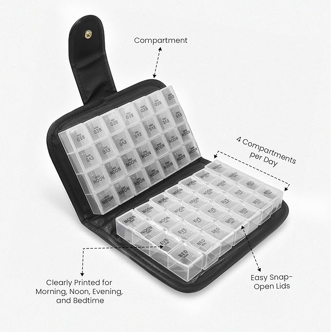 Week AM/PM Pill Organizer Box, Waterproof Travel Medicine Case, Portable Vitamin Holder, Compact Daily Pill Storage for Home, Office, and On-The-Go Use, Durable Med Organizer (Black)
