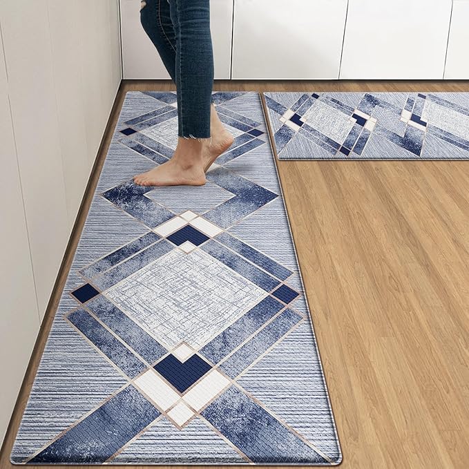 Arttown Blue Anti-Fatigue Kitchen Rug Set of 2 Navy Grey Geometric Gold Line Vintage Cushioned Floor Standing Mat Waterproof Non-Slip Kitchen Mat and PVC Ergonomic Comfort Foam Rug