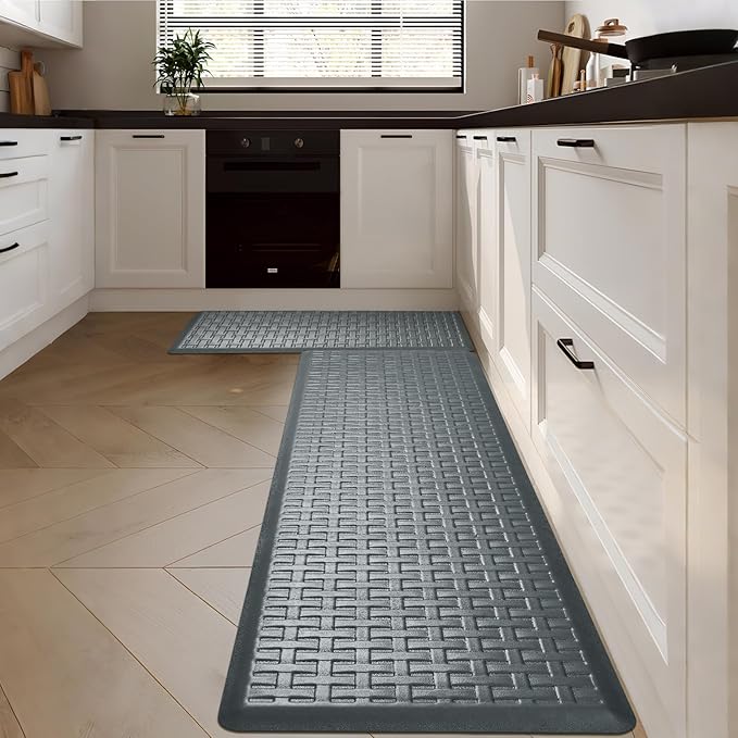 2PCS UKISS Kitchen Rugs, Cushioned Anti Fatigue Kitchen Mats for Floor, Waterproof Kitchen Rug，Non-Slip Comfort Standing Mat for Kitchen (Grey, 17.3"x28"+17.3"x60")