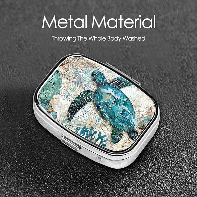 Sea Turtle Starfish Pill Organizer Ocean Nautical Map 2 Compartment Travel Pill Case Medicine Box Metal Vitamin Holder for Pocket or Purse