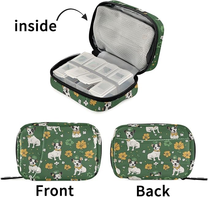 Fustylead Hand Draw Saint Patricks Bull Terrier Travel Pill Organizer Bag with Zipper Small Pill Box 7 Day Pill Case for Purse Storage Weekly Vitamin Medicine Supplement