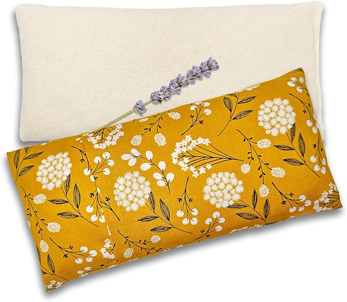 100% USA Handmade, Washable Cotton Eye Pillow 9", Moist Heat Eye Compress, Hot/Cold Rice & Lavender Therapy Pack (Mustard Floral, Lavender + Rice)