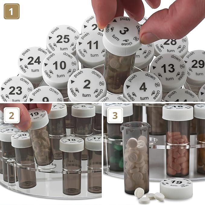 Monthly Pill Bottle Organizer Caddy - 31 Numbered Full-Size Pill Bottles w Child-Proof Lids for Each Day of The Month- Clear Rack and Easy to Use for Daily Dose of Medication Vitamins and Supplements