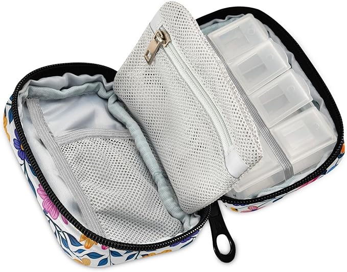 Retro Floral 7 Day Travel Pill Organizer Bag Weekly Pill Box Small Vitamin Supplements Holder with Zipper
