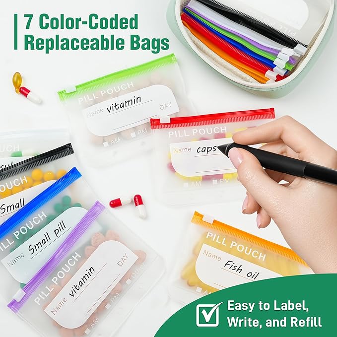 A8 Waterproof Pill Pouch Set, Large Weekly Pill Organizer with 14 Color-Coded Medicine Pouches, Reusable Travel Medicine Organizer, Zippered Pill Storage for Fish Oils, Vitamins（Green）