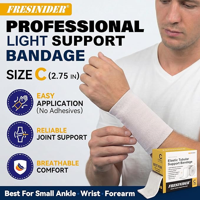 FRESINIDER Size C Elastic Tubular Support Bandage (2.75" x 11 Yards) – Light to Moderate Compression Roll, Support for Wrist, Forearm & Small Ankle, Breathable Stockinette, No Clips or Adhesives
