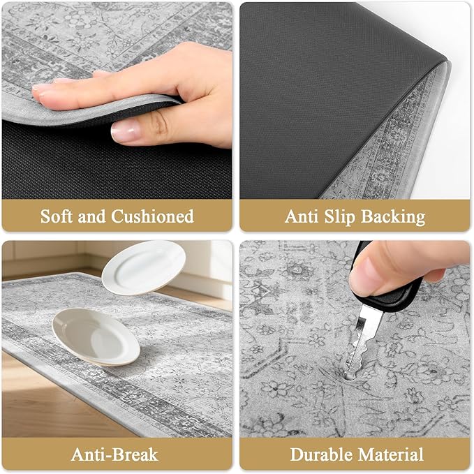 Pauwer Anti Fatigue Kitchen Floor Mats Set of 3, PVC Foam Padded Kitchen Rugs, Non Slip Cushioned Comfort Standing Mat, Waterproof Sink Rug for Small Kitchen Area, Laundry Room, Light Grey