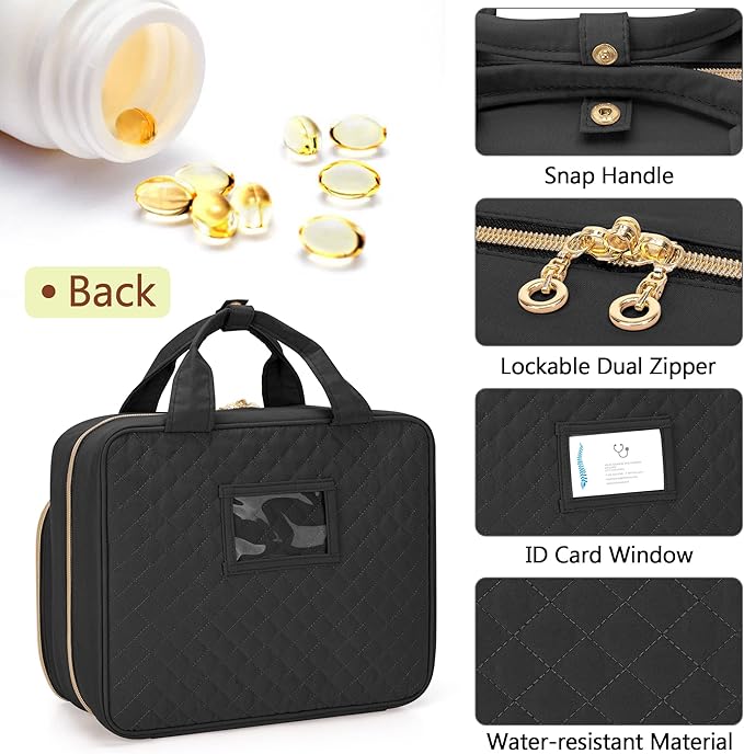 Damero Pill Bottle Organizer, Travel Medicine Bag Organizer, Medicine Organizer and Storage for Pills, Vitamin, Fish Oil, Medical Supplements for Women and Men, Black