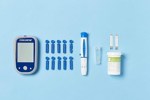 Medline EvenCare G2 Blood Glucose Monitor Starter Kit, Diabetic Care, 6 Sec Results, General Purpose Lancing Device & Lancets, Test Strips, Batteries, Guide, Carrying Case, Logbook, Voice Guidance