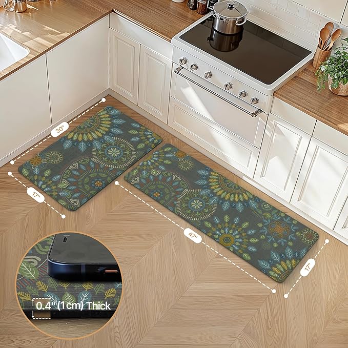 GENIMO Kitchen Mats for Floor 2PCS, Cushioned Kitchen Rugs Non Slip Washable, Farmhouse Anti Fatigue Mat Waterproof, Comfort Standing Mat Rug for Office, Home, Laundry, 17.3"x47"+17.3"x30", Green