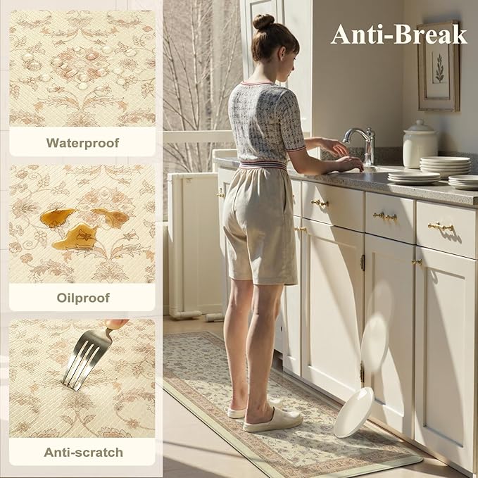 KIMODE Cushioned Padded Kitchen Mats for Floor,Anti Fatigue Memory Foam Kitchen Mat Waterproof,Boho Vintage Kitchen Rugs Sets of 2 Non Slip for Laundry Office Home Decor,Beige