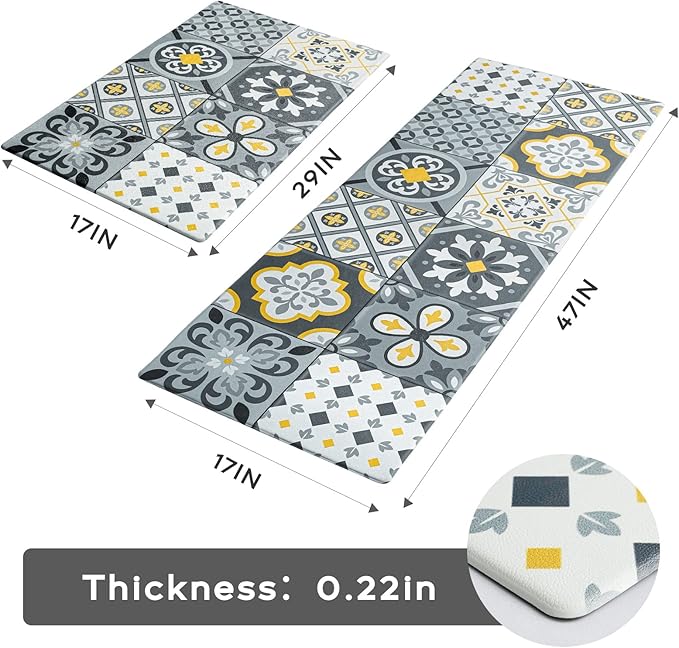 Ashler Kitchen Mats Anti-Fatigue Kitchen Rugs, Non-Slip Waterproof Kitchen Floor Mats, 2PCS Ergonomic Comfort Foam Standing Rug for Kitchen, Office, Floor, Laundry, 17x47 in & 17x29 in, Light Grey