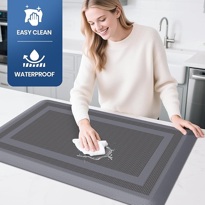 KitchenClouds [2 PCS Kitchen Rugs Cushioned Anti-Fatigue Kitchen Mats for Floor Waterproof Kitchen Rug Set Non-Slip Comfort Standing Mat for Office, Sink, Laundry 17.3"×28"+17.3"×60", Grey