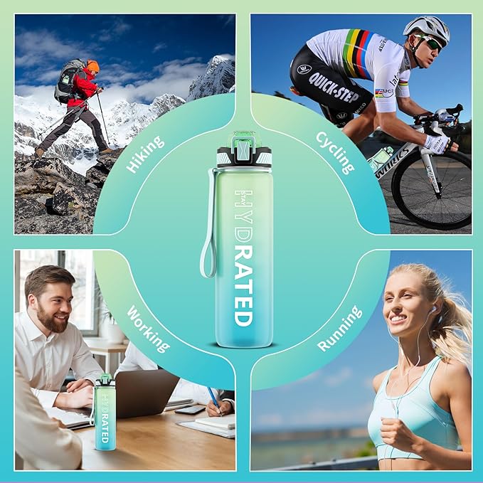 Water Bottle with Straw, 32oz Motivational Water Bottles with Time Marker to Drink, Tritan BPA Free, 1L Sports Water Bottle with Carry Strap LeakProof for Women Gym Fitness Outdoor (1 Pack)