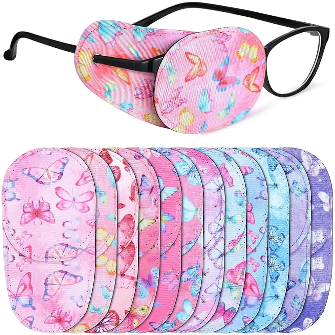 Newcotte 12 Pcs Eye Patch for Kids Toddler Reusable Adjustable Girls Boys Eyepatch for Glasses Left or Right Eye Patch, Assorted Patterns(Butterfly)