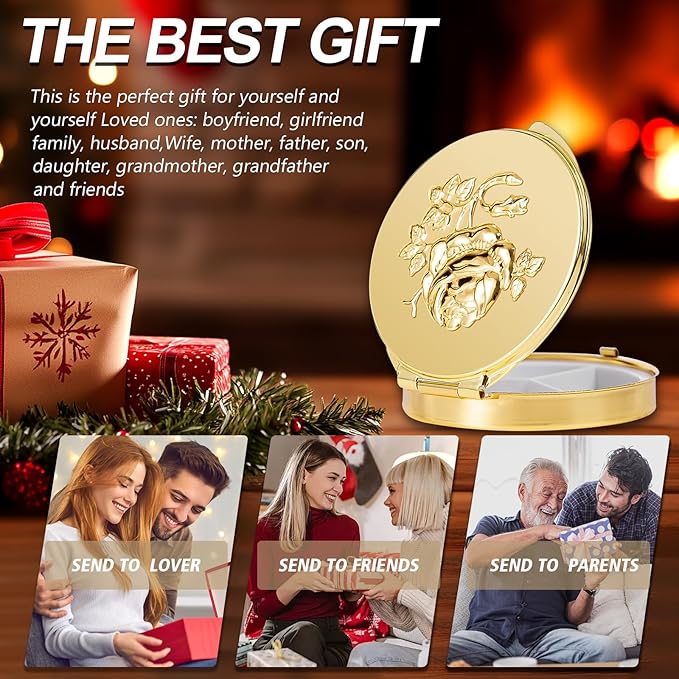 Portable Round Metal Pill Case with Mirror, Featuring 3 Compartments—Perfect for Travel. BPA-Free. (S-Gold, Small)