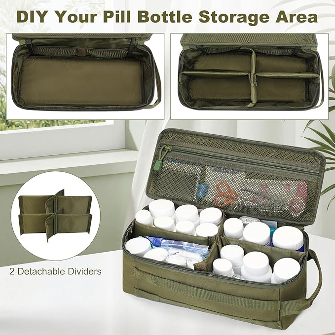 First Aid Bag Empty Pill Box Organizer,Tactical Medical Bag Case,Portable EDC Travel Medicine Pill Bottle Organizer (Green)