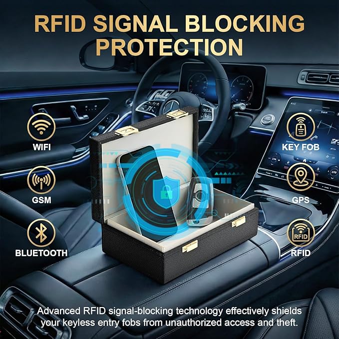 Faraday Box for Car Keys & 2 Faraday Bags, Key Fob Signal Blocker Box, Premium Rfid Blocking Box & Rfid Pouch, Keyless Entry Car Key Fob Protector Shielding Cage Black - 8.38" x5.15" x 2.76"