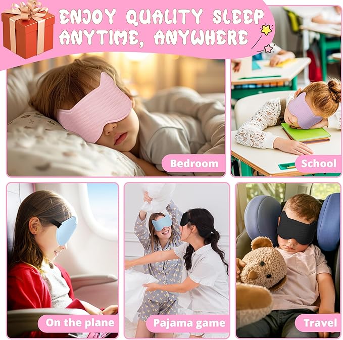 Kids Sleep Mask Eye Mask: 3D Contoured Cup Sleeping Masks, Blindfold with Adjustable Strap, Kids Eye Cover for Boys, Girls, Teens, Pressure-Free with Memory Foam Face Mask for Sleeping (Rose Red)