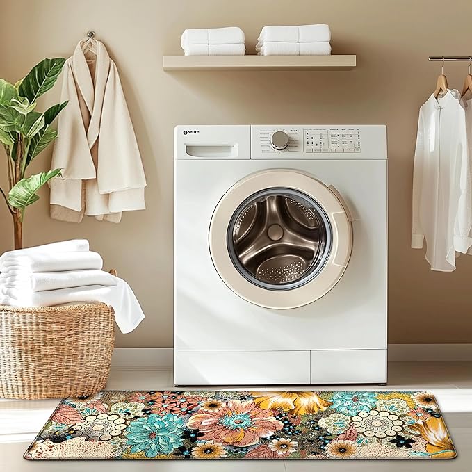 Kitchen Mats for Floor Cushioned Anti Fatigue Sets of 2 Boho Floral Kitchen Rugs Non Slip Waterproof Memory Foam Kitchen Floor Mats Padded Comfort Standing Mat Rug for Sink Laundry Office