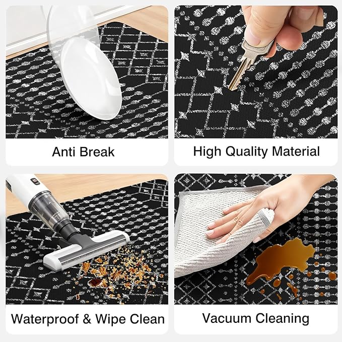 Anti Fatigue Kitchen Rugs Set of 2, Boho Kitchen Mats for Floor, Boho Kitchen Decor, Anti-Slip and Anti-Fatigue Foam Standing Mat,17x30 inch Sink Mat+17x48 inch Runner Rug Black