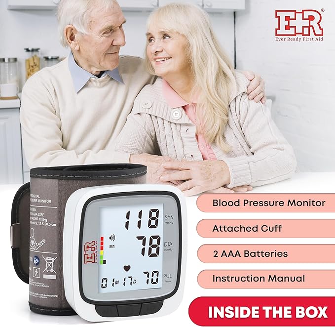 Ever Ready First Aid Fully Automatic Blood Pressure Wrist Cuff Watch Wearable Monitor for Home Use - Black- Batteries Included