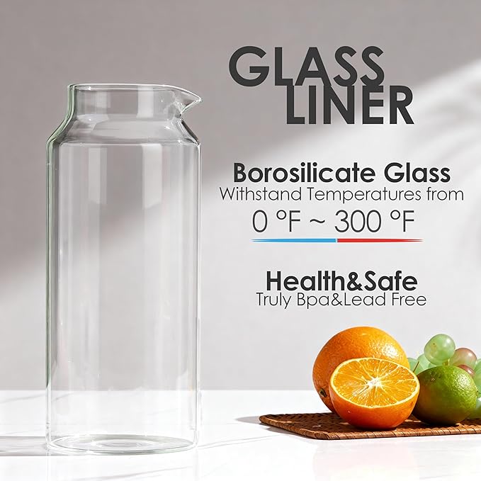 Delove Glass Pitcher with Lid & Shatterproof Shell – Heat-Resistant Borosilicate Glass Jug, 2 L/68 oz with Handle & Spout – Perfect for Iced Tea, Juice, Hot & Cold Waterr (Pink)